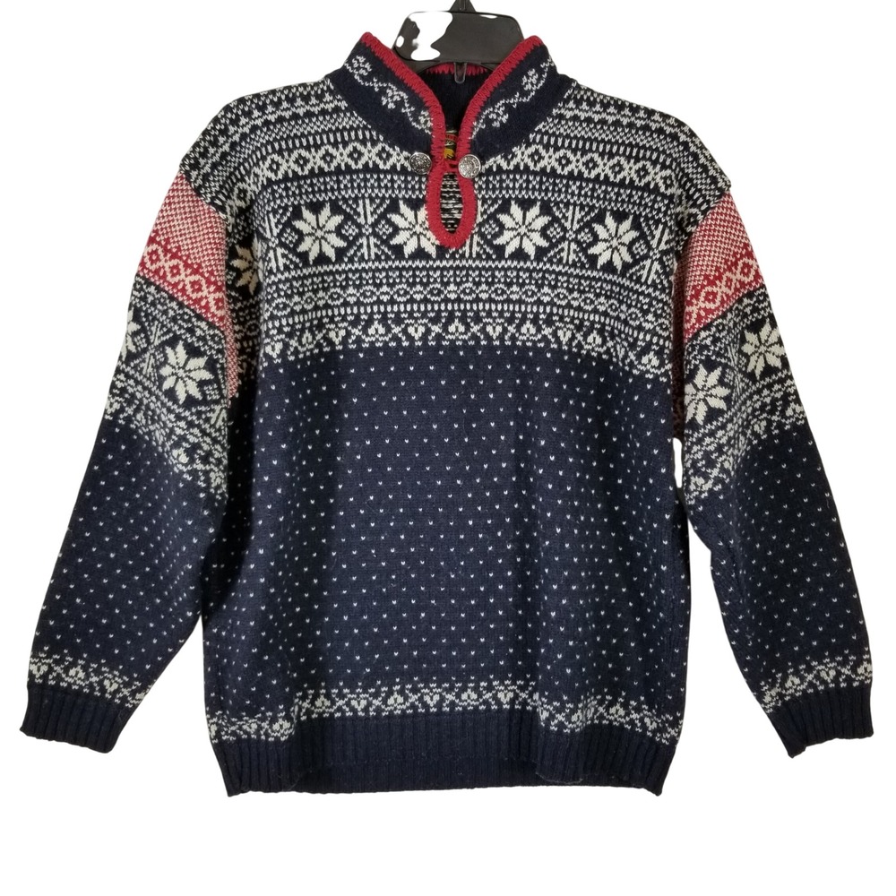 Vintage Alps Nordic Fair Isle Wool Sweater Womens Medium Navy‎ Red Snowflake USA